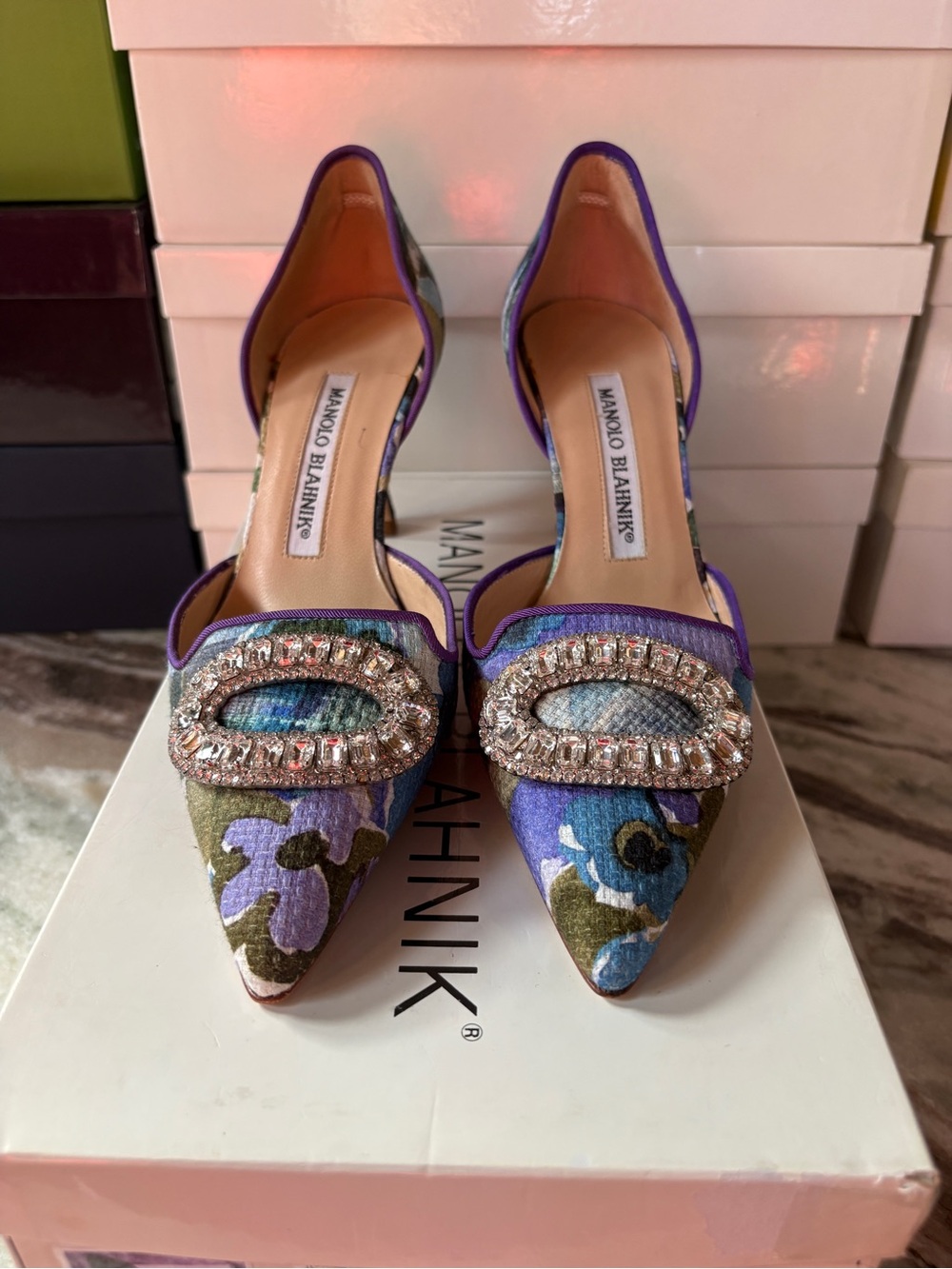 Manolo Blahnik Purple and Blue Floral Jeweled Pointed-Toe Flats